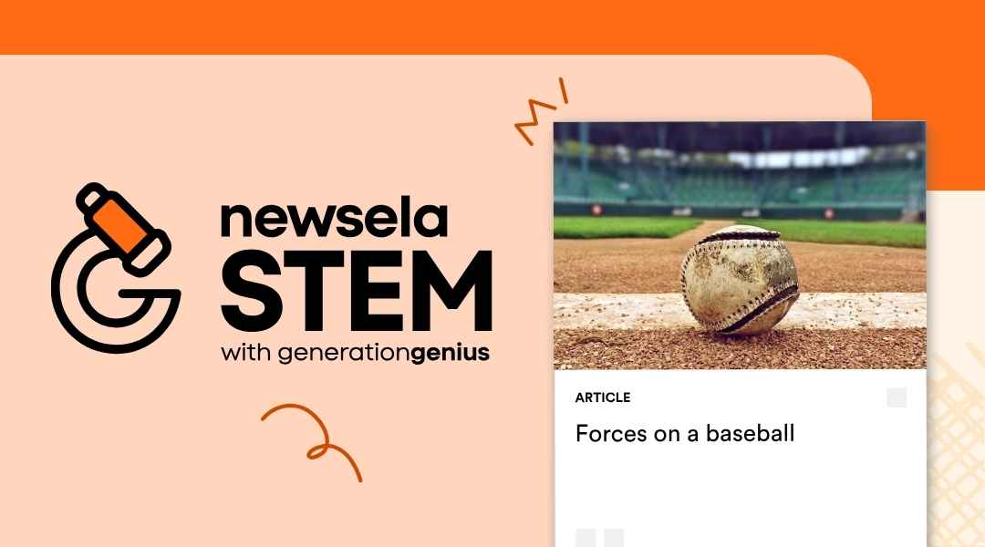 A Newsela Science graphic with an article titled "Forces on a baseball." The image shows a worn baseball sitting on the pitcher's mound.