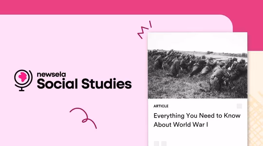 A Newsela Social Studies graphic with an article titled "Everything You Need to Know About World War I." The black and white image shows a line of soldiers lying prone in a field, aiming rifles.