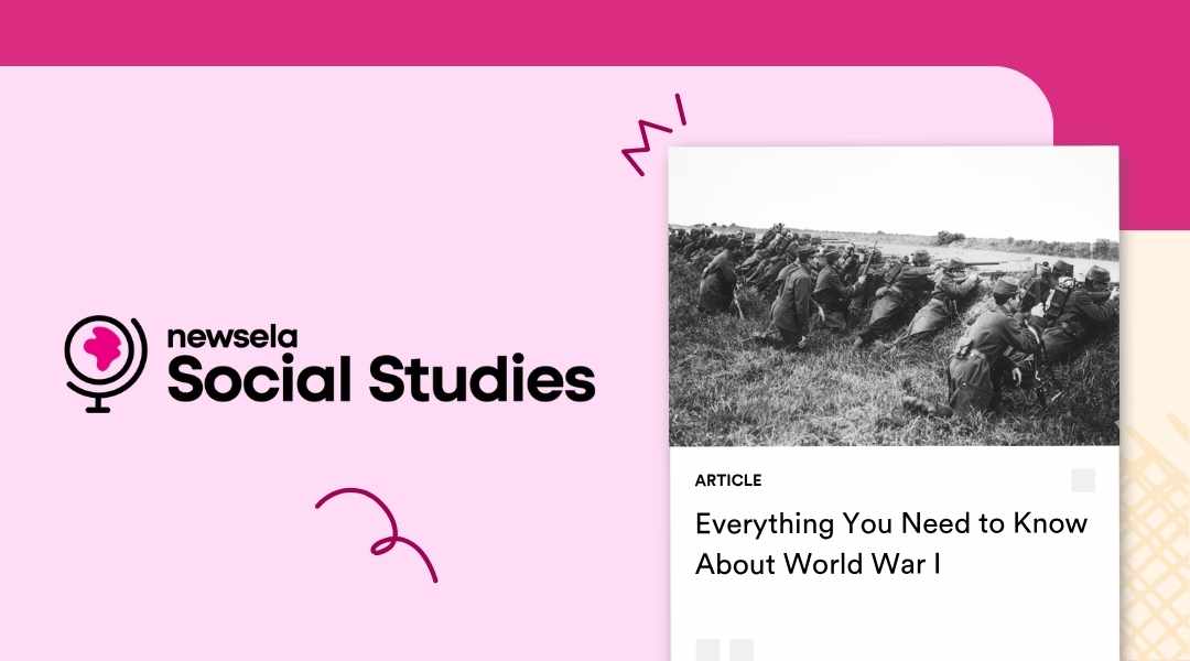 A Newsela Social Studies graphic with an article titled "Everything You Need to Know About World War I." The black and white image shows a line of soldiers lying prone in a field, aiming rifles.