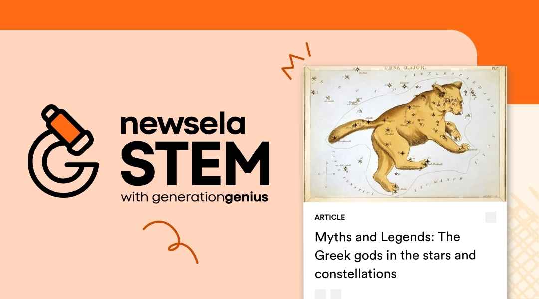 A Newsela STEM graphic with an article titled "Myths and Legends: The Greek gods in the stars and constellations." The image is a historical celestial map illustration of a lion constellation.
