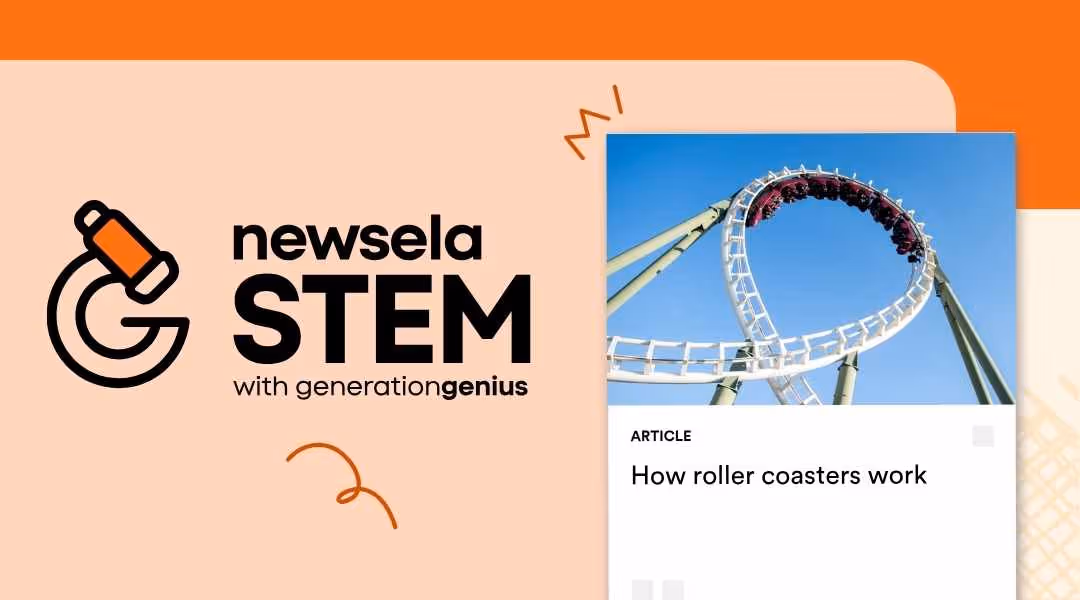 A Newsela STEM graphic with an article titled "How roller coasters work." The image shows a roller coaster car going through a vertical loop on a track against a blue sky.