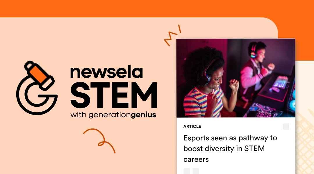 A Newsela STEM graphic with an article titled "Esports seen as pathway to boost diversity in STEM careers." The image shows two young people, one smiling, wearing headphones and playing competitive video games on computers.