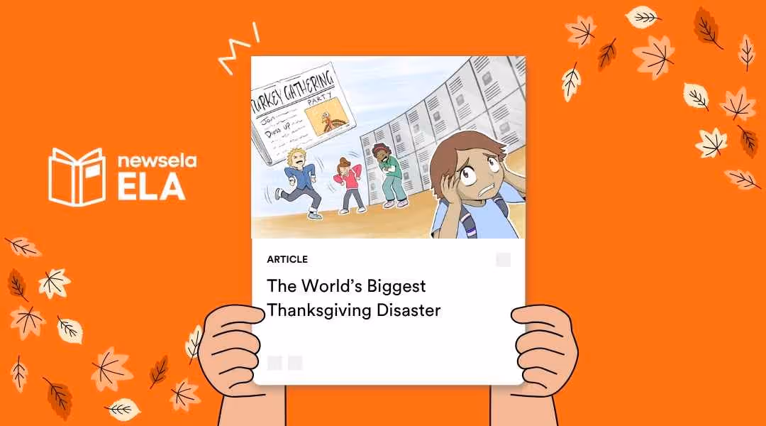 A Newsela ELA graphic with an article titled "The World’s Biggest Thanksgiving Disaster." The illustration shows three cartoon children running in a panicked way from a wall of lockers, with one child looking distressed.