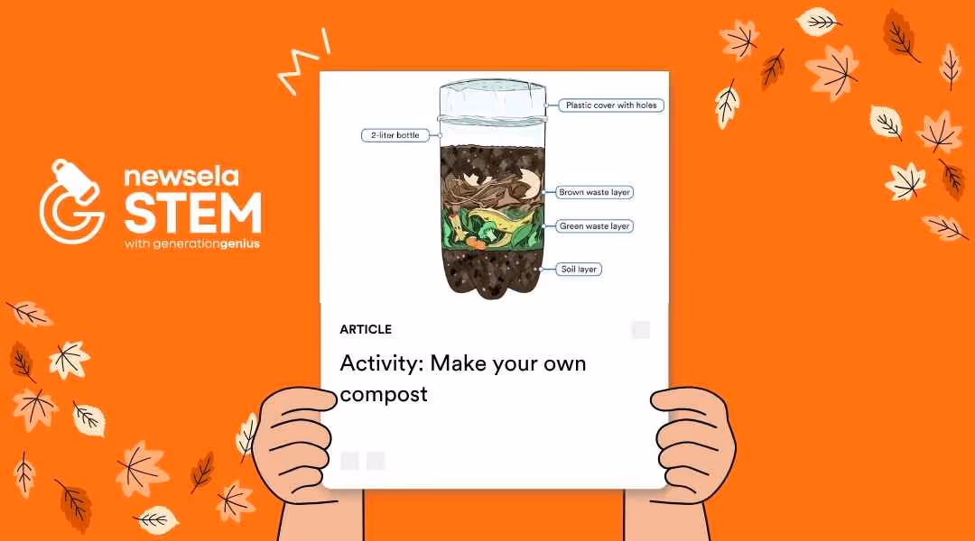 A Newsela STEM graphic with an activity titled "Activity: Make your own compost." The illustration shows a cross-section of a 2-liter bottle used as a compost bin, with layers for soil, green waste, and brown waste clearly labeled.