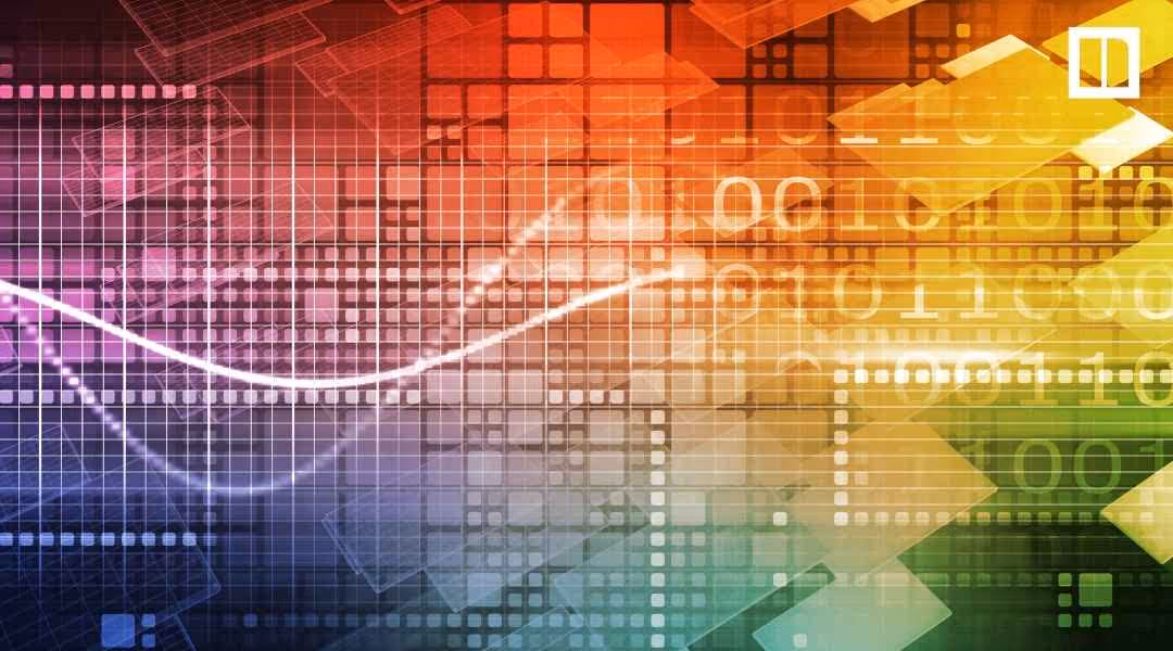 An abstract, brightly colored digital background featuring a grid overlay, binary code, and a flowing white data line, representing complex computer technology and algorithms.