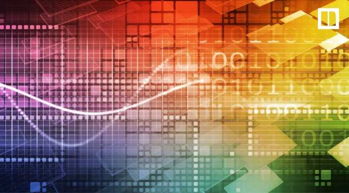 An abstract, brightly colored digital background featuring a grid overlay, binary code, and a flowing white data line, representing complex computer technology and algorithms.