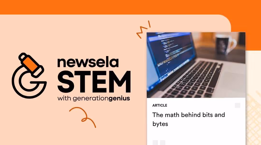 A Newsela STEM graphic with an article titled "The math behind bits and bytes." The image is a blurred photo of a laptop screen displaying lines of computer code.