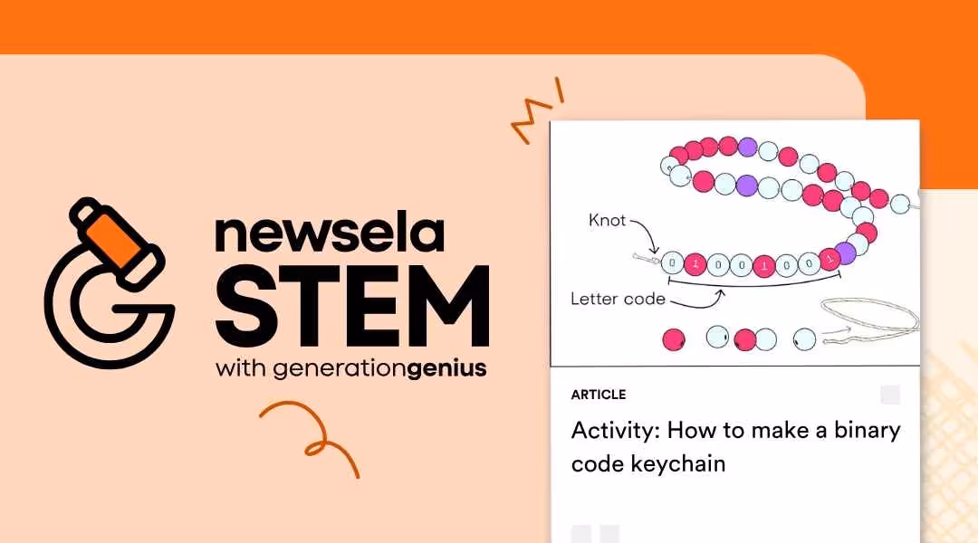 A Newsela STEM graphic with an activity titled "Activity: How to make a binary code keychain." The image is a diagram showing how to string beads and tie knots to represent binary code letters on a keychain.