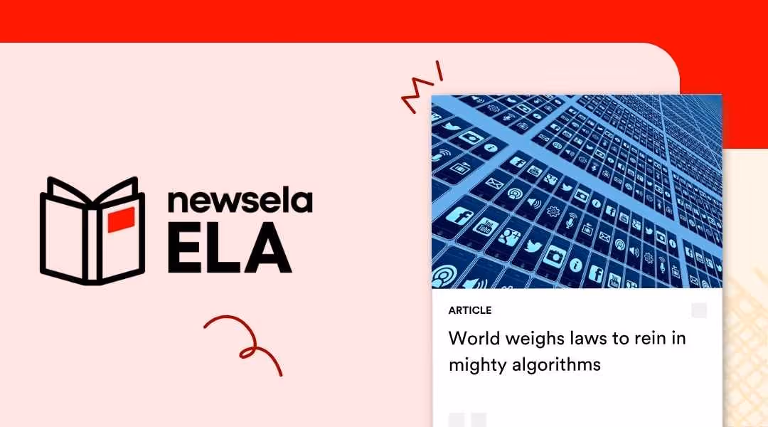 A Newsela ELA graphic with an article titled "World weighs laws to rein in mighty algorithms." The image is a complex, blue grid of various social media and app icons, suggesting the vast reach of digital platforms and algorithms.