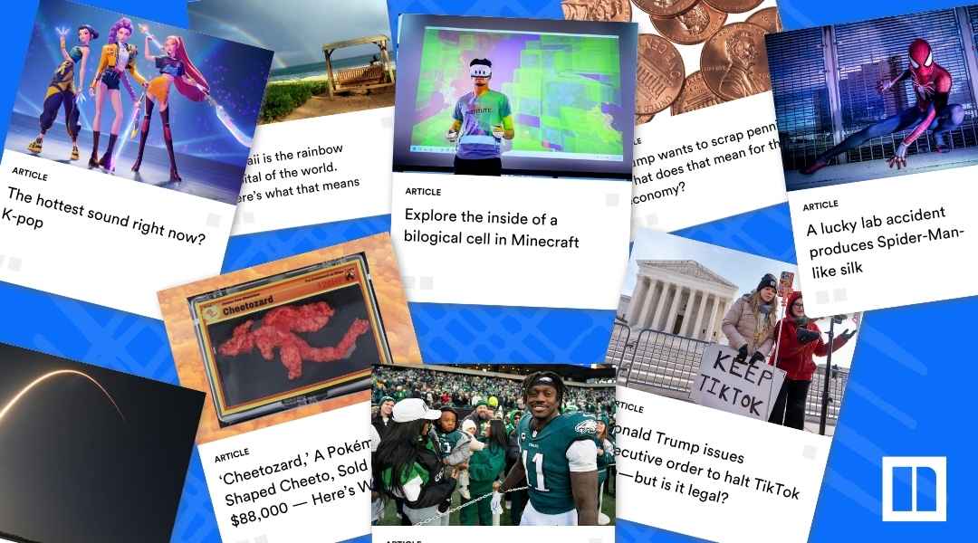 A collage of Newsela article covers representing popular topics of the year, including K-pop, the Cheetozard Pokémon chip, a scientific discovery about Spider-Man silk, a photo of an Eagles player, and articles about TikTok and President Donald Trump.