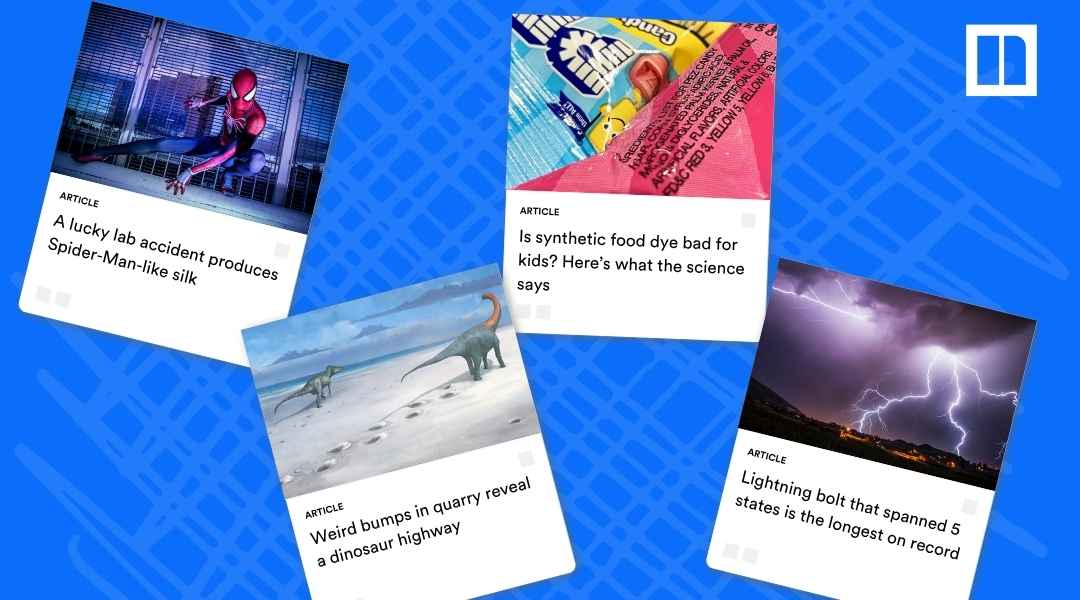 A collage of Newsela articles covering scientific research and discovery, featuring topics like: "A lucky lab accident produces Spider-Man-like silk" (with a Spider-Man figure), "Is synthetic food dye bad for kids?", "Weird bumps in quarry reveal a dinosaur highway" (with an illustration of dinosaurs), and "Lightning bolt that spanned 5 states is the longest on record."