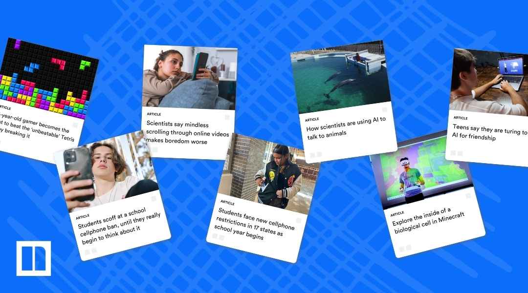 A collage of Newsela articles focused on technology, AI, and digital citizenship, including: "13-year-old gamer becomes the first to beat the 'unbeatable' Tetris," "Scientists say mindless scrolling through online videos makes boredom worse," "How scientists are using AI to talk to animals," "Teens say they are turning to AI for friendship," "Students scoff at a school cellphone ban," "Students face new cellphone restrictions in 17 states," and "Explore the inside of a biological cell in Minecraft."