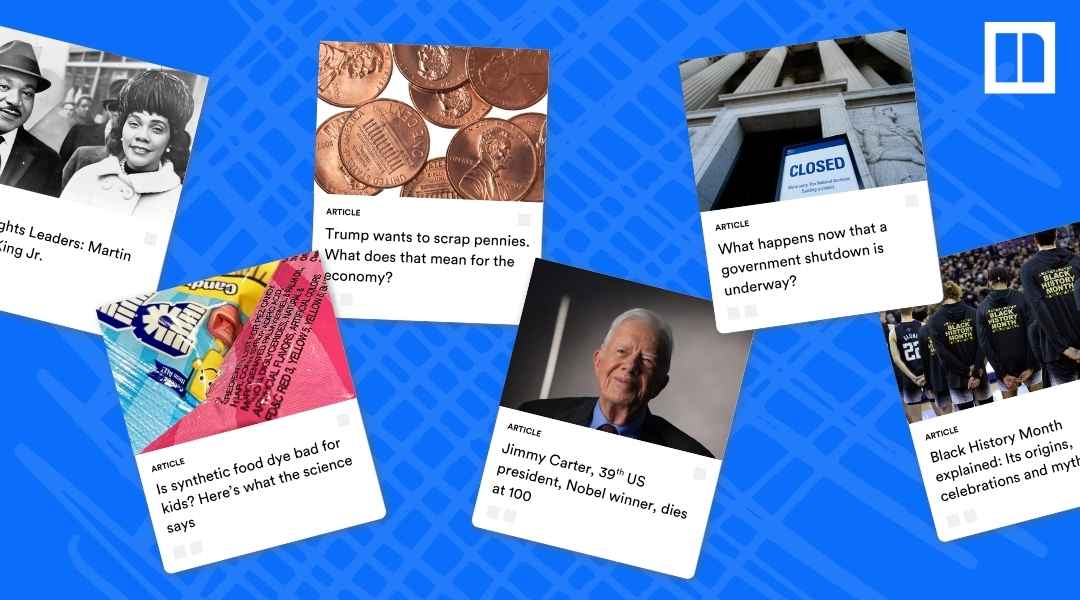 A collage of Newsela articles with a focus on historical figures, events, and their impact, including: "Civil Rights Leaders: Martin Luther King Jr.," "Trump wants to scrap pennies," "What happens now that a government shutdown is underway?," "Jimmy Carter, 39th US president, Nobel winner, dies at 100," "Is synthetic food dye bad for kids?," and "Black History Month explained."