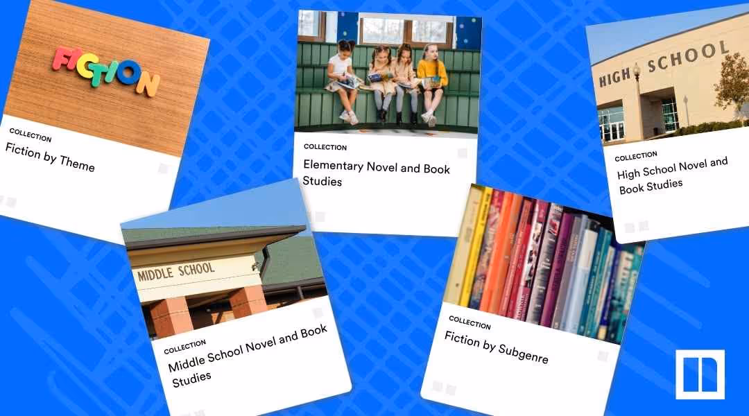 A Newsela graphic displaying various collection covers categorized by literary genre and grade level: "Fiction by Theme," "Elementary Novel and Book Studies," "High School Novel and Book Studies," "Middle School Novel and Book Studies," and "Fiction by Subgenre."