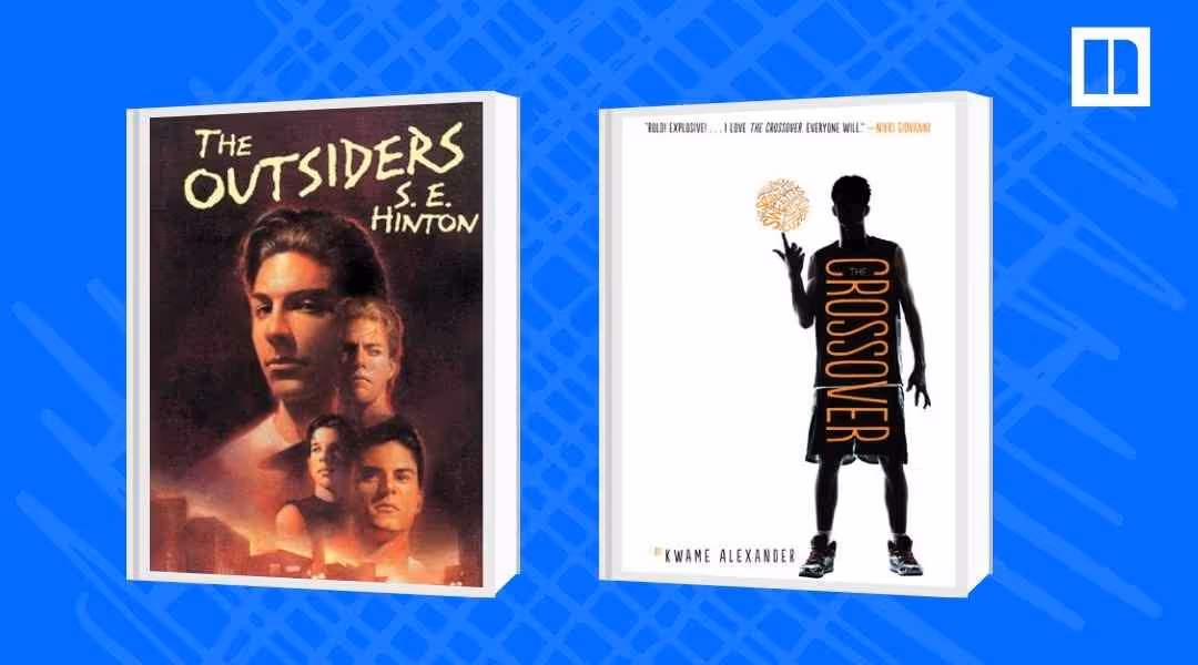 A Newsela graphic showing the covers of two coming-of-age novels: "The Outsiders" by S.E. Hinton and "The Crossover" by Kwame Alexander.