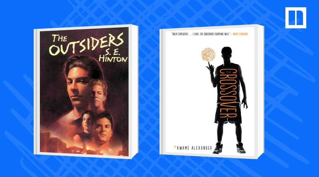 A Newsela graphic showing the covers of two coming-of-age novels: "The Outsiders" by S.E. Hinton and "The Crossover" by Kwame Alexander.