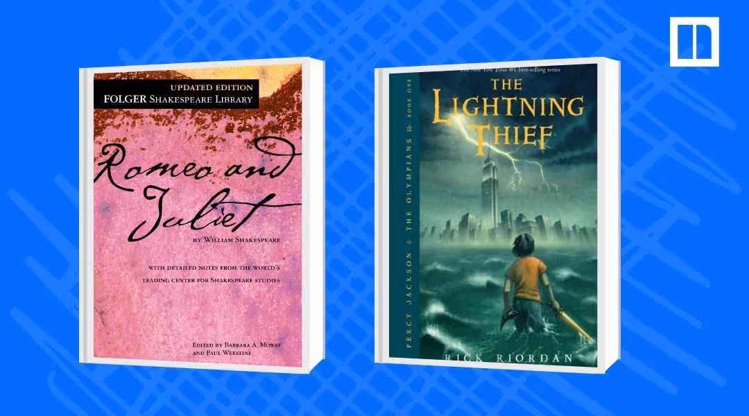 A Newsela graphic showing the covers of two classic stories: Shakespeare's "Romeo and Juliet" (Folger Shakespeare Library updated edition) and Rick Riordan's "The Lightning Thief" (Percy Jackson & The Olympians).