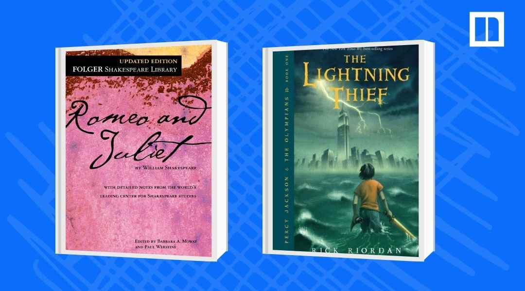A Newsela graphic showing the covers of two classic stories: Shakespeare's "Romeo and Juliet" (Folger Shakespeare Library updated edition) and Rick Riordan's "The Lightning Thief" (Percy Jackson & The Olympians).