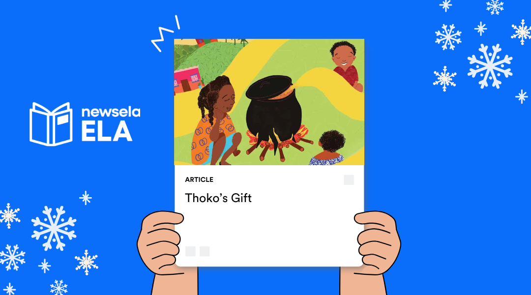 A Newsela ELA graphic with an article titled "Thoko’s Gift." The illustration shows a group of children gathered outside around a large cooking pot over a small fire, with one girl stirring the pot.