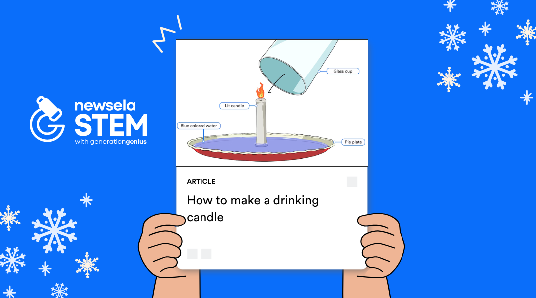 A Newsela STEM graphic with an article titled "How to make a drinking candle." The image is a diagram showing a science experiment using a lit candle, blue-colored water in a pie plate, and an inverted glass cup.