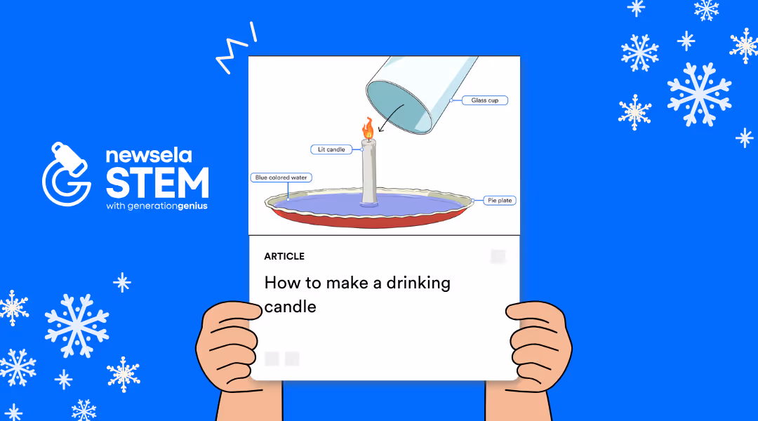 A Newsela STEM graphic with an article titled "How to make a drinking candle." The image is a diagram showing a science experiment using a lit candle, blue-colored water in a pie plate, and an inverted glass cup.