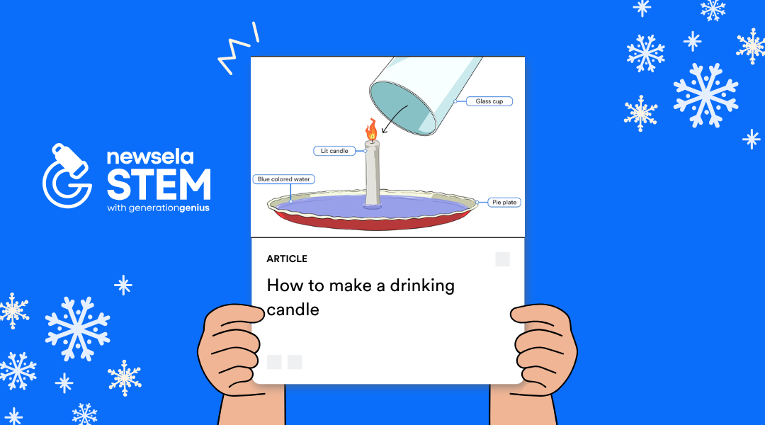 A Newsela STEM graphic with an article titled "How to make a drinking candle." The image is a diagram showing a science experiment using a lit candle, blue-colored water in a pie plate, and an inverted glass cup.