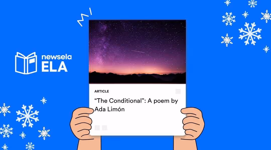 A Newsela ELA graphic with an article titled "'The Conditional!': A poem by Ada Limón." The image shows a dramatic night sky filled with stars and a meteor shower, casting a purple and orange glow over a dark landscape.