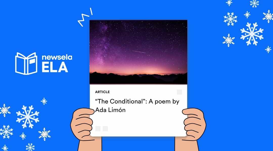 A Newsela ELA graphic with an article titled "'The Conditional!': A poem by Ada Limón." The image shows a dramatic night sky filled with stars and a meteor shower, casting a purple and orange glow over a dark landscape.