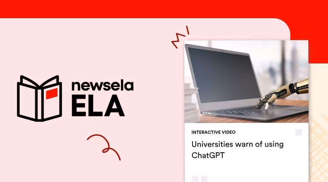 A Newsela ELA graphic with an interactive video titled "Universities warn of using ChatGPT." The image shows a robotic arm's hand poised over a laptop keyboard, symbolizing AI writing and academic integrity concerns.