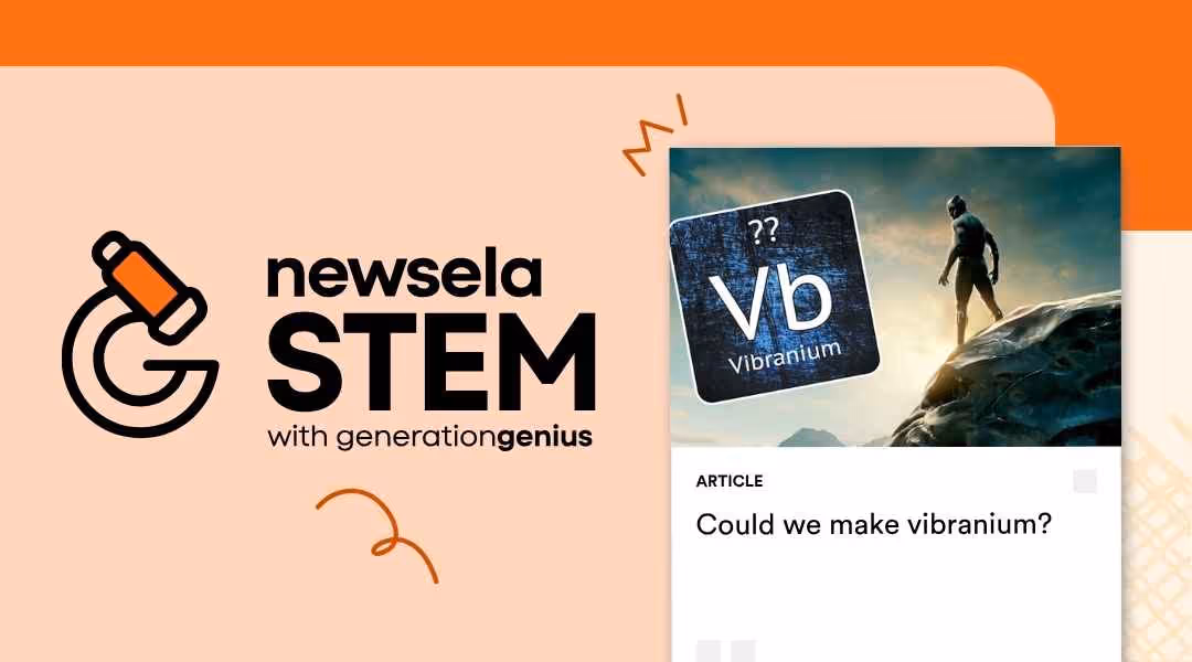 A Newsela STEM graphic with an article titled "Could we make vibranium?" The image shows a speculative periodic table tile for the fictional element Vibranium (Vb), with a Black Panther-like figure standing on a rock.