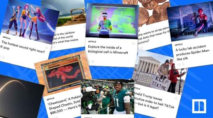 A collage of Newsela article covers representing popular topics of the year, including K-pop, the Cheetozard Pokémon chip, a scientific discovery about Spider-Man silk, a photo of an Eagles player, and articles about TikTok and President Donald Trump.
