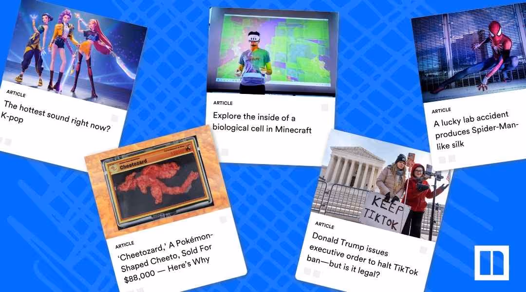 A collage of Newsela articles focused on pop culture and entertainment, featuring topics like: "The hottest sound right now? K-pop," "Explore the inside of a biological cell in Minecraft" (with a student wearing VR goggles), "A lucky lab accident produces Spider-Man-like silk," "'Cheetozard,' a Pokémon-Shaped Cheeto, Sold For $88,000," and "Donald Trump issues executive order to halt TikTok ban."