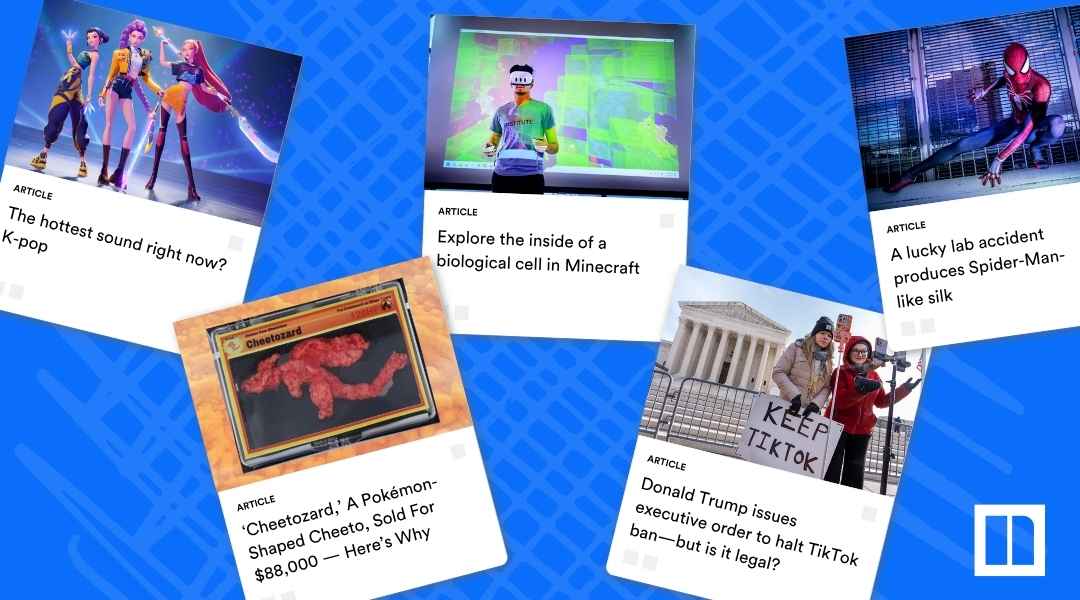 A collage of Newsela articles focused on pop culture and entertainment, featuring topics like: "The hottest sound right now? K-pop," "Explore the inside of a biological cell in Minecraft" (with a student wearing VR goggles), "A lucky lab accident produces Spider-Man-like silk," "'Cheetozard,' a Pokémon-Shaped Cheeto, Sold For $88,000," and "Donald Trump issues executive order to halt TikTok ban."