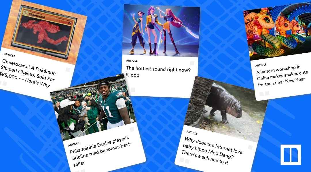 A collage of Newsela articles centered on trends and pop culture, featuring topics like: "Cheetozard,' a Pokémon-Shaped Cheeto, Sold For $88,000," "The hottest sound right now? K-pop," "A lantern workshop in China makes cute for the Lunar New Year," "Philadelphia Eagles player's sideline read becomes best-seller," and "Why does the internet love baby hippo Moo Deng?"