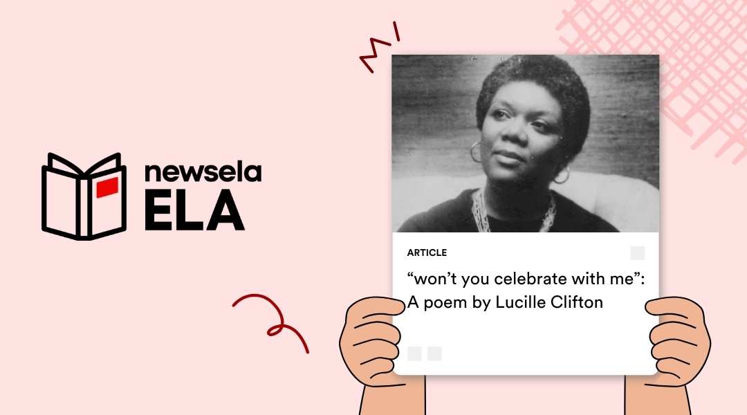 A Newsela ELA article card for the poem "won't you celebrate with me" featuring a black-and-white portrait of the author, Lucille Clifton.