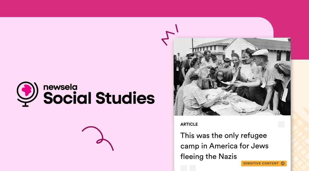 Newsela Social Studies article titled "This was the only refugee camp in America for Jews fleeing the Nazis" featuring a black-and-white photo of people gathered at a table outdoors.