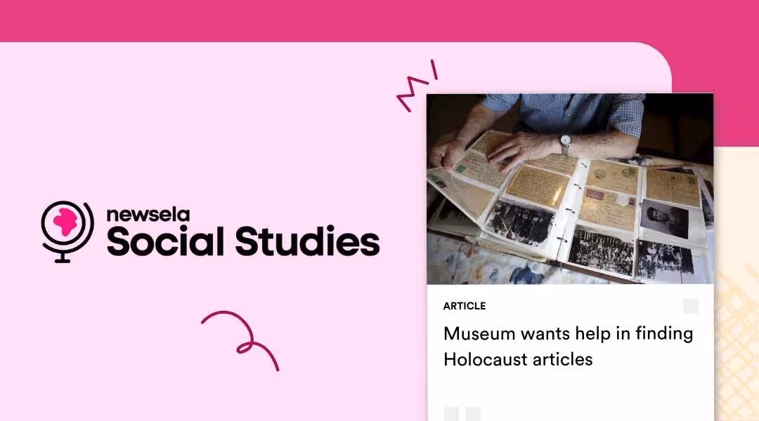 Newsela Social Studies article titled "Museum wants help in finding Holocaust articles" featuring a photo of a person's hands looking through an album of historic letters and photographs.