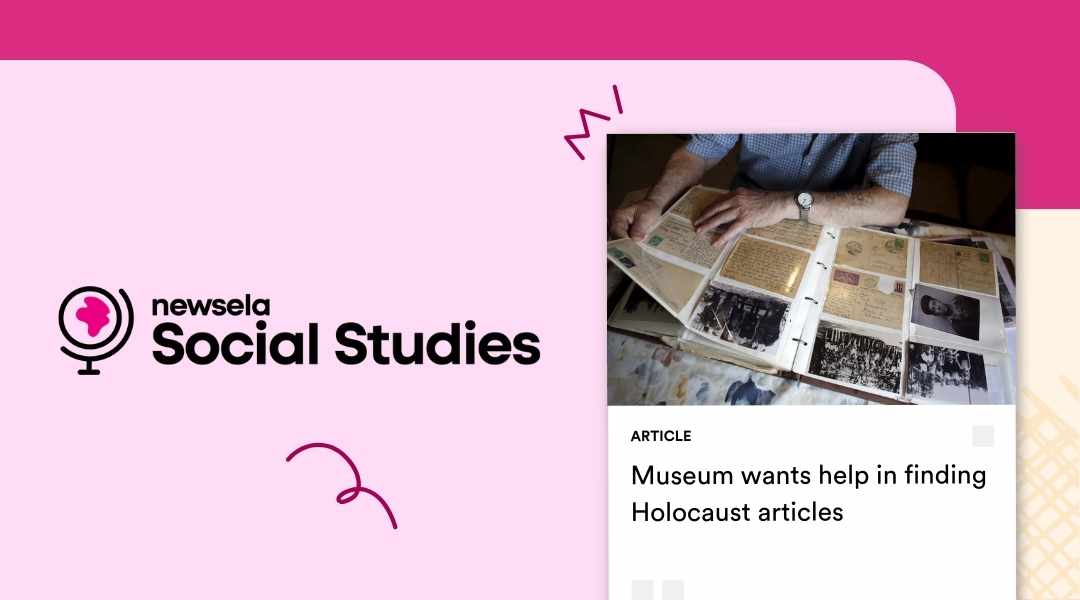 Newsela Social Studies article titled "Museum wants help in finding Holocaust articles" featuring a photo of a person's hands looking through an album of historic letters and photographs.