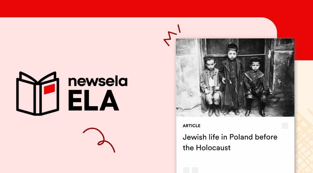 Newsela ELA article titled "Jewish life in Poland before the Holocaust" featuring a historic black-and-white photo of three young boys in traditional clothing standing in a doorway.
