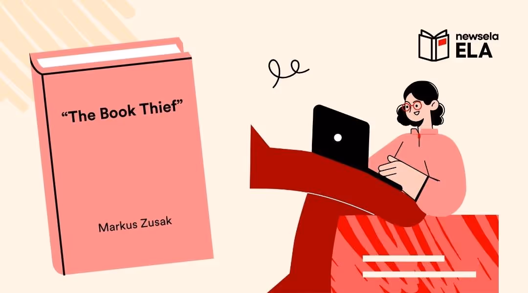 Newsela ELA book cover graphic for "The Book Thief" by Markus Zusak, featuring a pink book icon and an illustration of a student with a laptop.