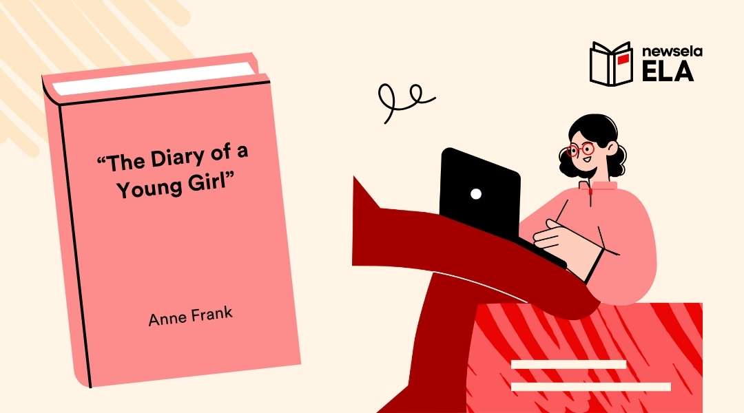 Newsela ELA book cover graphic for "The Diary of a Young Girl" by Anne Frank, featuring a pink book icon and an illustration of a student with a laptop.
