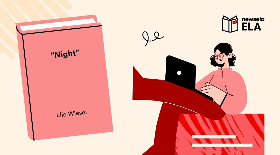 Newsela ELA book cover graphic for "Night" by Elie Wiesel, featuring a pink book icon and an illustration of a student with a laptop.