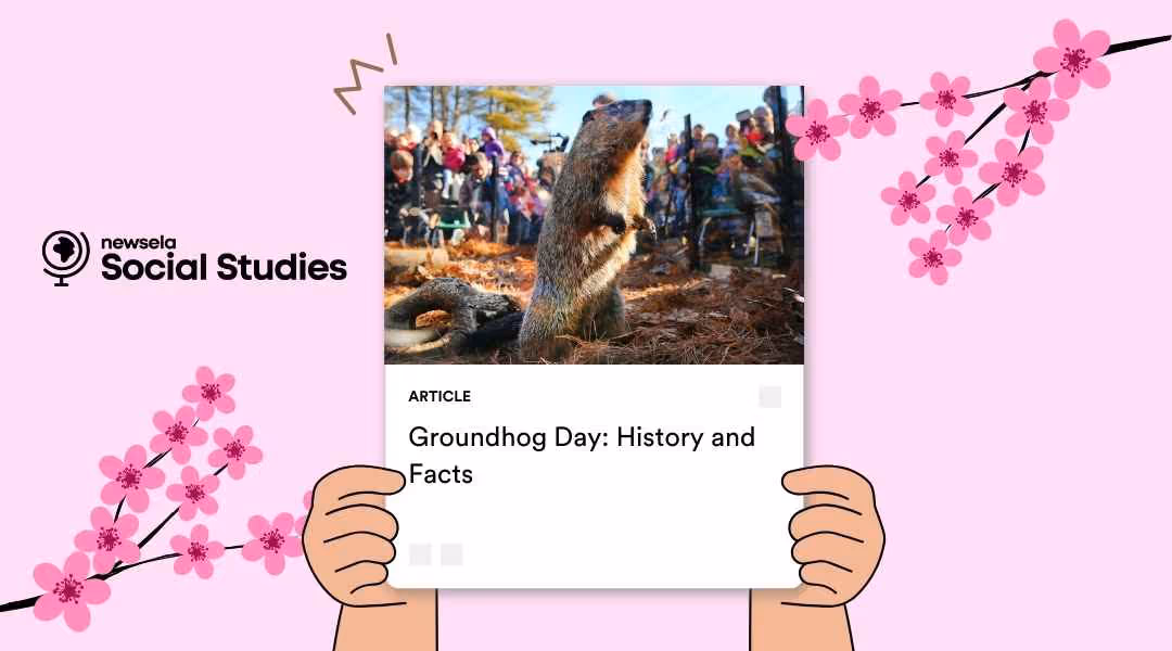 Newsela Social Studies article "Groundhog Day: History and Facts" showing a groundhog standing on its hind legs in front of a crowd, framed by pink cherry blossom illustrations.