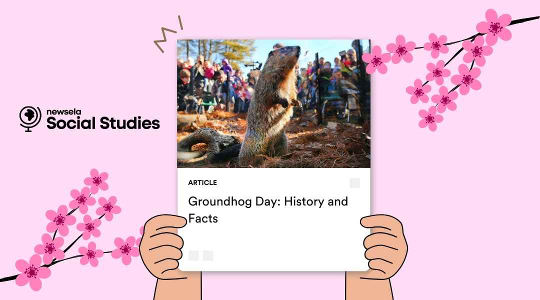 Newsela Social Studies article "Groundhog Day: History and Facts" showing a groundhog standing on its hind legs in front of a crowd, framed by pink cherry blossom illustrations.