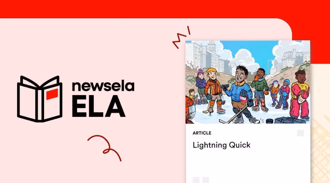 Newsela ELA article titled "Lightning Quick" featuring a colorful illustration of children playing ice hockey outdoors on a winter day.