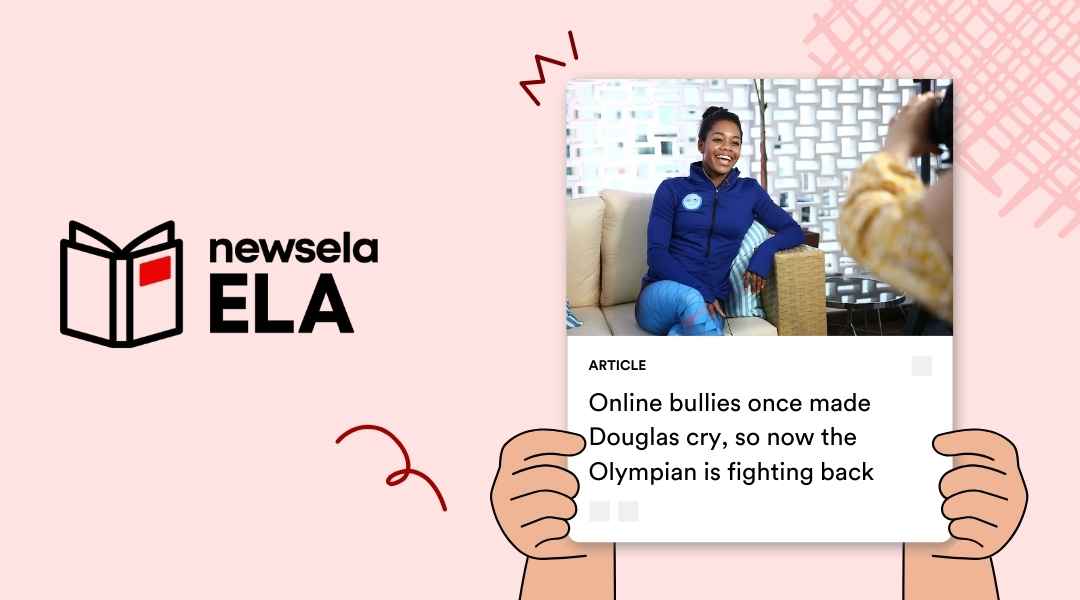 A Newsela ELA article titled "Online bullies once made Douglas cry, so now the Olympian is fighting back," showing a smiling Gabby Douglas during an interview.