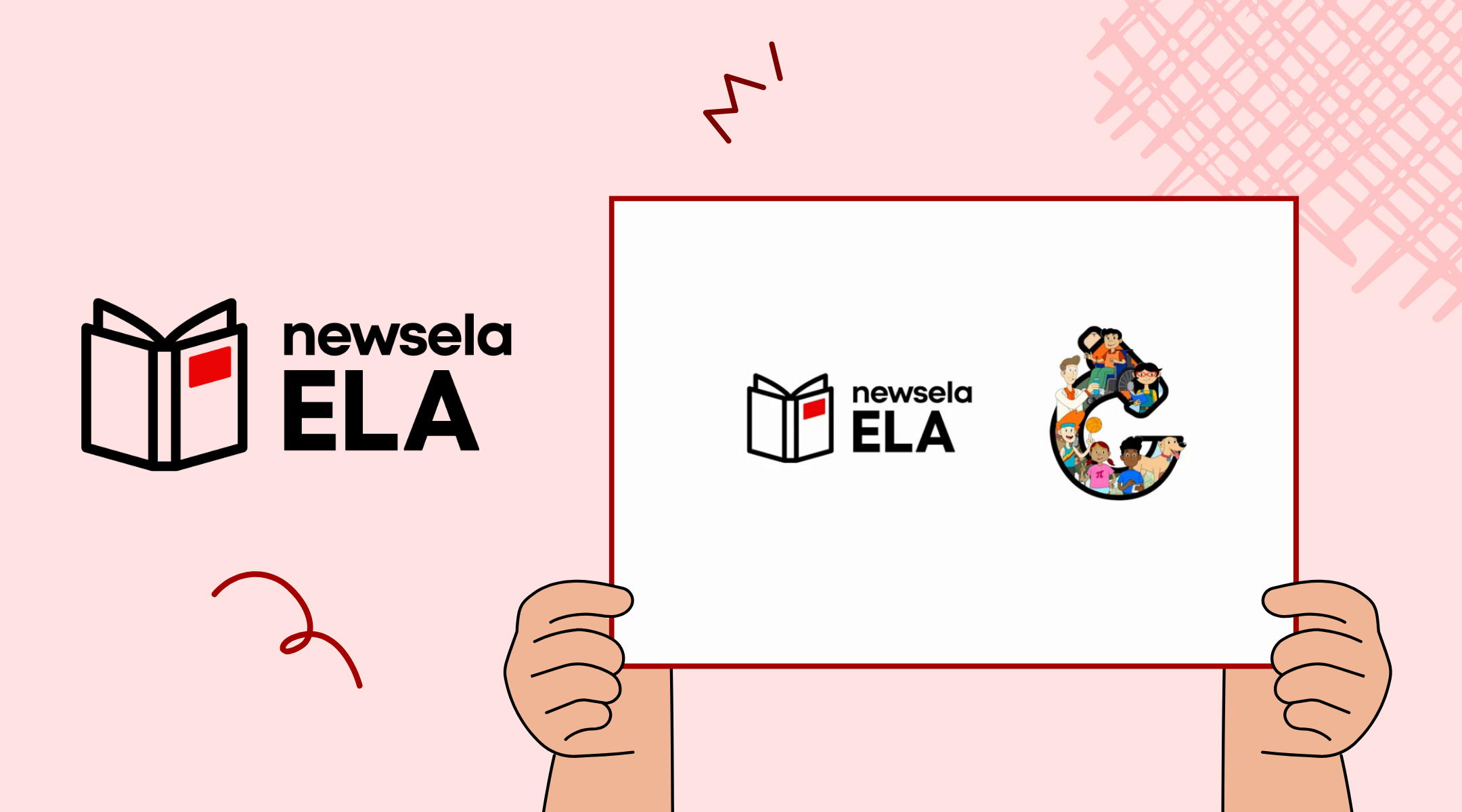 Two hands holding a white card featuring the Newsela ELA logo and a large letter "G" filled with the Kid Geniuses characters. The background is light pink with a larger Newsela ELA logo on the left.