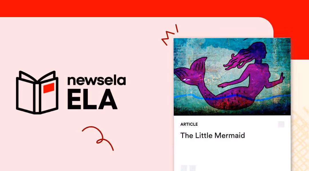 Newsela ELA article card titled "The Little Mermaid," featuring a colorful, textured illustration of a purple mermaid swimming in the ocean.