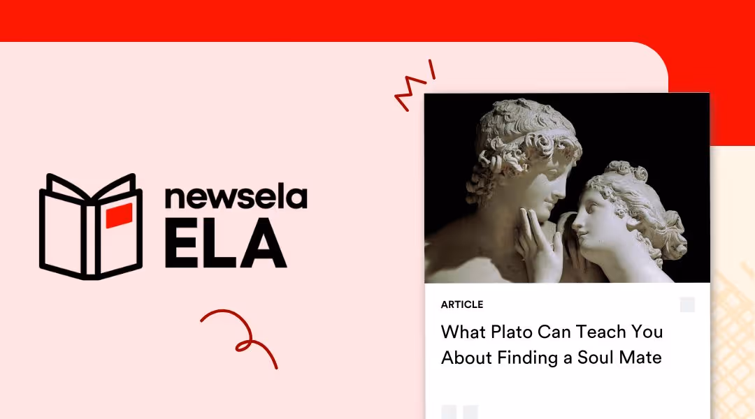 Newsela ELA article card titled "What Plato Can Teach You About Finding a Soul Mate," featuring a black and white image of a classical Greek statue of two figures.