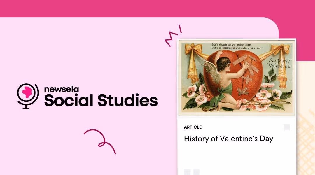 Newsela Social Studies article card titled "History of Valentine’s Day," featuring a vintage postcard of a cherub mending a broken heart.